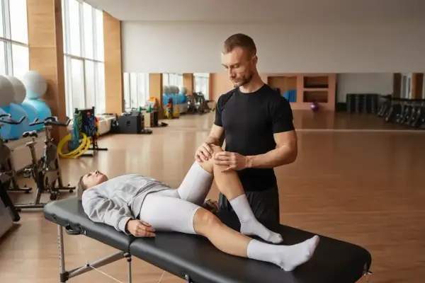 Fizjoterapeuta bada kolano pacjentki leżącej na kozetce. To przykład, co to jest fizjoterapia – pomoc w powrocie do sprawności.