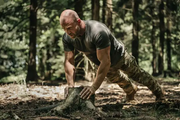 Mężczyzna w leśnej scenerii wykonuje pompki na pniu. To trening siłowy, który jest częścią jego pasji do bushcraftu.
