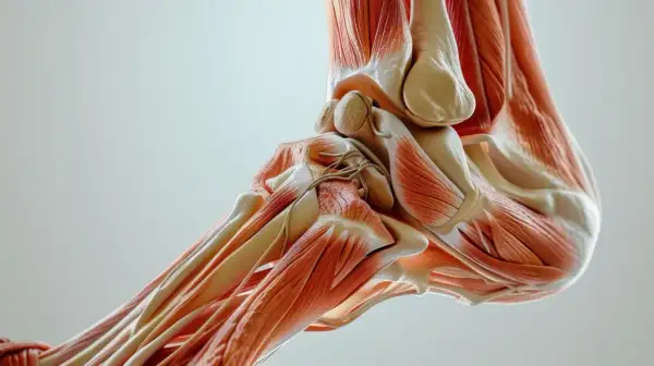 Anatomia stopy z widocznymi mięśniami i ścięgnami, w tym potężnym ścięgnem Achillesa.