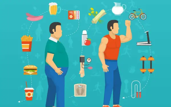 Dwa mężczyźni, jeden otyły, drugi wysportowany, otoczeni symbolami zdrowego stylu życia i niezdrowej diety. Wpływ na metabolizm.