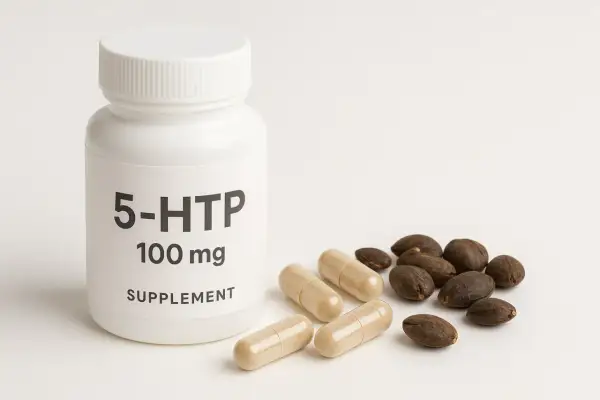 Biała butelka suplementu 5-HTP 100 mg, obok kilka kapsułek i nasion. 5-HTP to prekursor serotoniny, kluczowego neuroprzekaźnika.