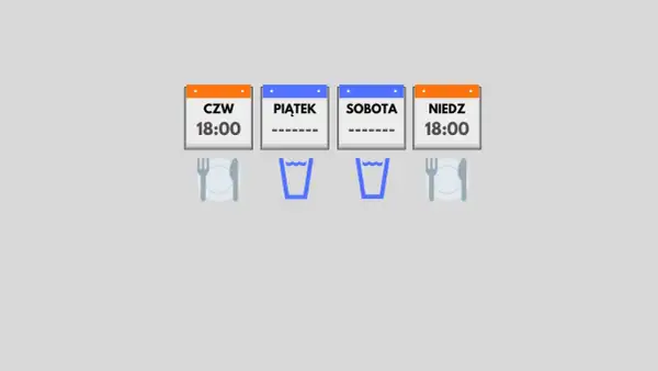 Kalendarz pokazuje czwartek i niedzielę o 18:00 jako dni posiłków. Okna na piątek i sobotę są puste, sugerując post. Autofagia po ilu godzinach?